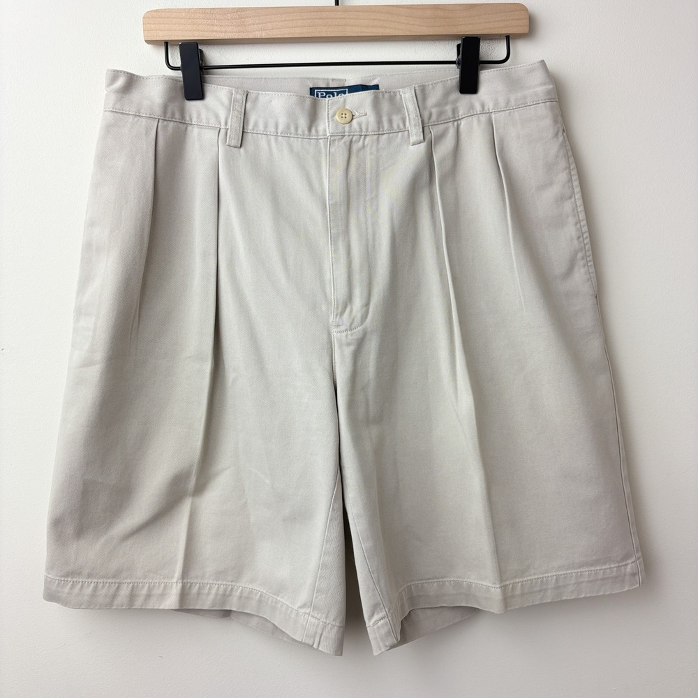 Vintage Polo Ralph Lauren Tyler Short Mens 32 Khaki Pleated Chino Preppy Classic